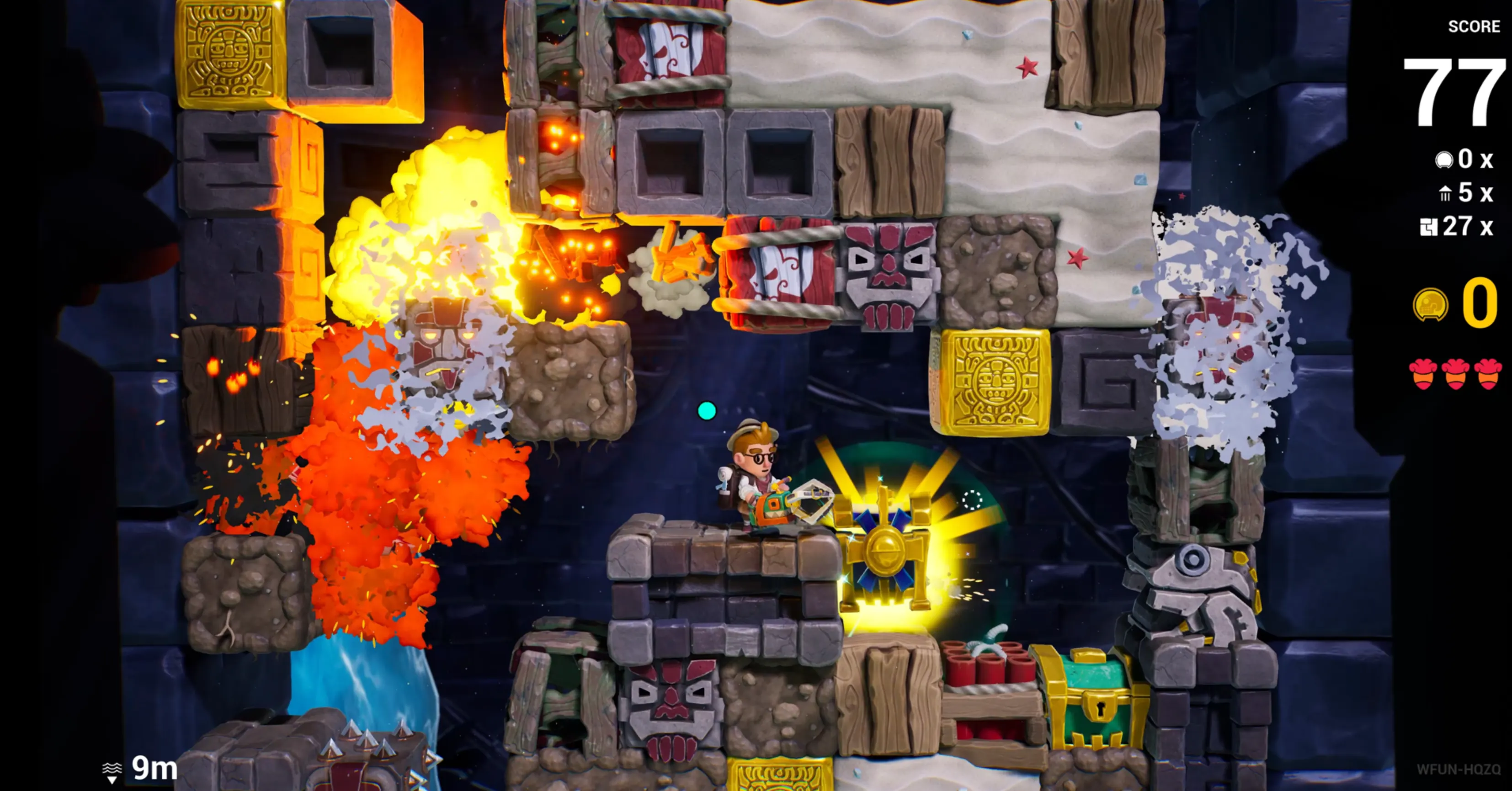 Pit Panic screenshot in Buried Grounds with traps, explosions and destructible blocks