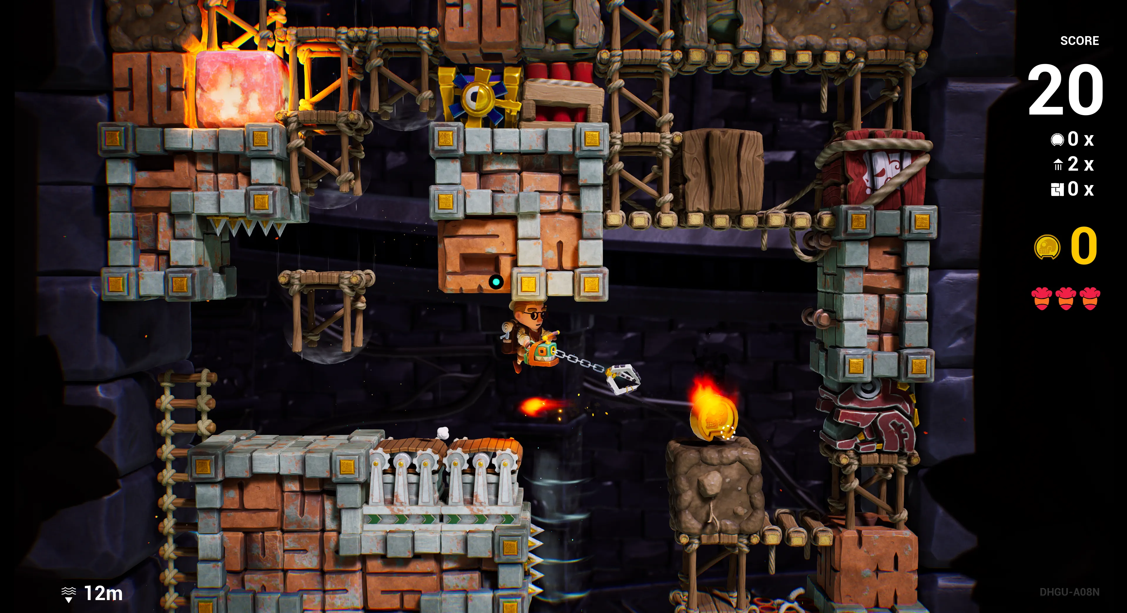 Pit Panic screenshot in Excavation Site with hook movement, lava and diggable blocks