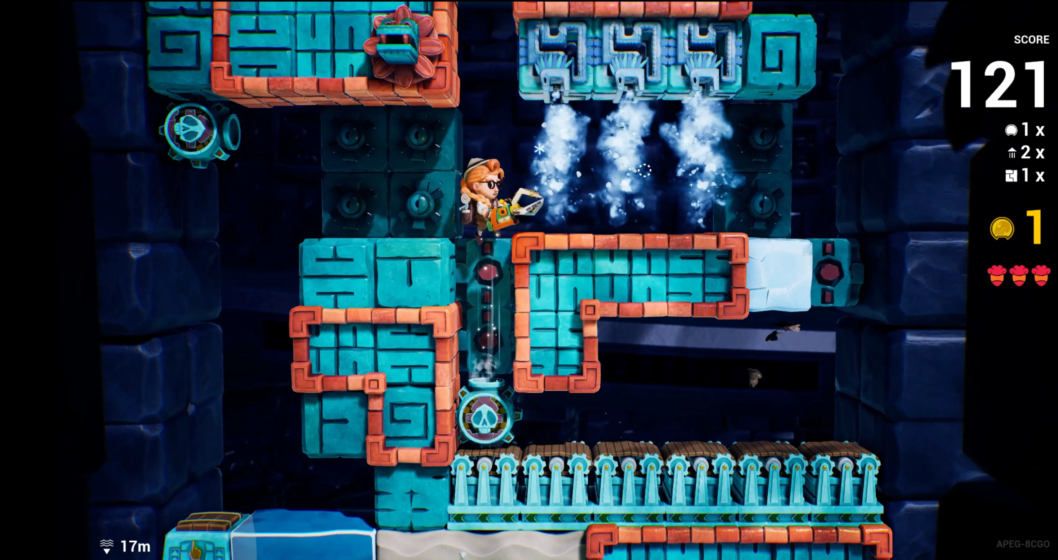 Pit Panic screenshot in Flooded District with water hazards, spikes and suspended platforms